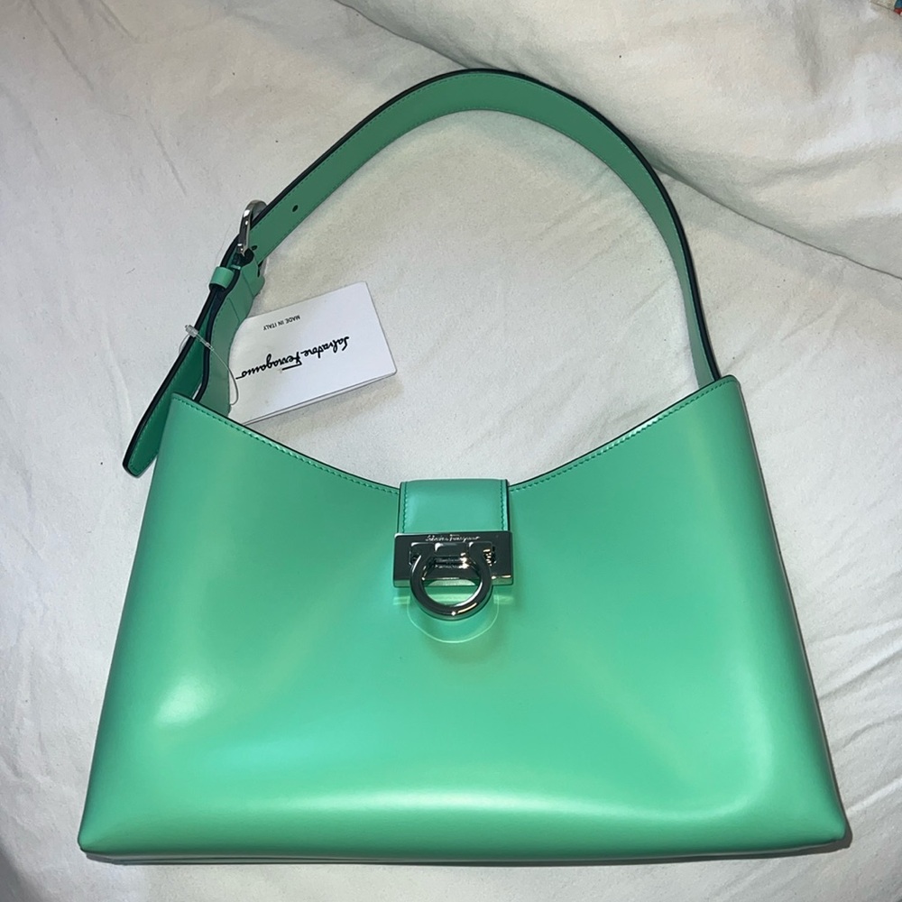 Ferragamo Trifolio Shoulder Bag in Green Mint Calfskin